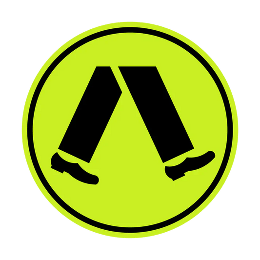 A circular yellow-green R3-1 Pedestrian Crossing (Symbolic) sign with a black border features two black walking legs with shoes, commonly used in NSW to promote road safety at pedestrian crossings.