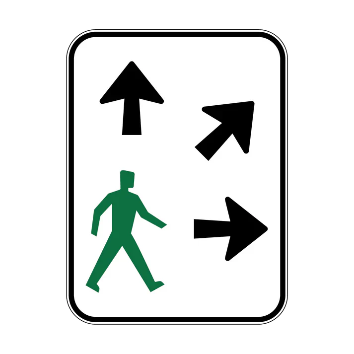 The R3-5(R) Pedestrians May Cross Diagonally (Right) sign, compliant with Australian Standards, shows three black arrows (up, up-right, right) and a green walking figure in the lower left to indicate permitted pedestrian routes.