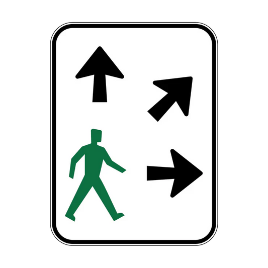 The R3-5(R) Pedestrians May Cross Diagonally (Right) sign, compliant with Australian Standards, shows three black arrows (up, up-right, right) and a green walking figure in the lower left to indicate permitted pedestrian routes.