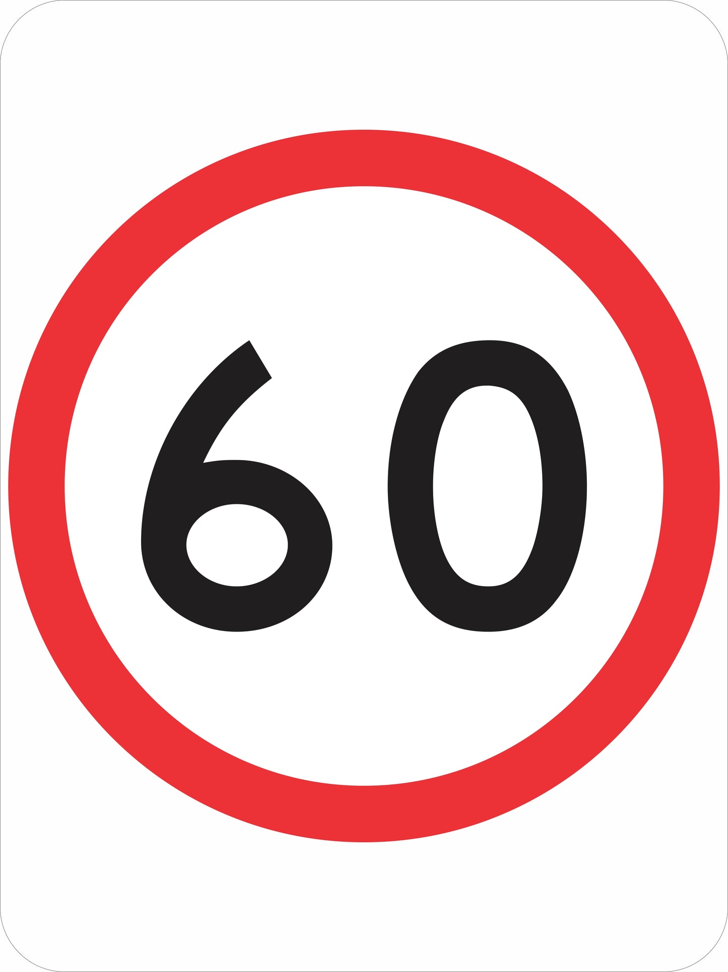 The R4-1 Speed Limit (Symbolic) sign is a reflective white Australian road sign with a thick red border and bold black "60" at the center, indicating a speed limit of 60 kilometers per hour.