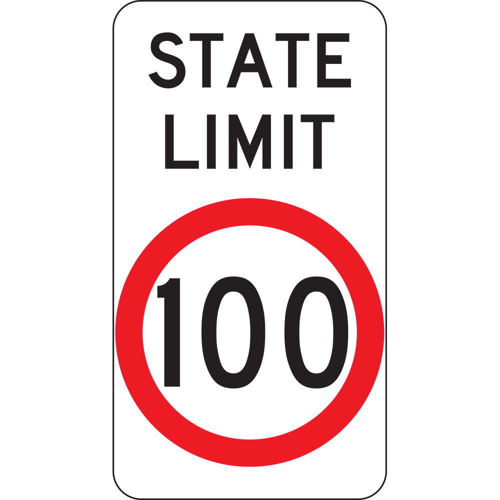 The R4-205n State Limit 100 sign is a rectangular NSW road sign with "STATE LIMIT" above a red-bordered circle showing 100, indicating a speed limit of 100. It features reflective white background, black text, and a red border around the number.