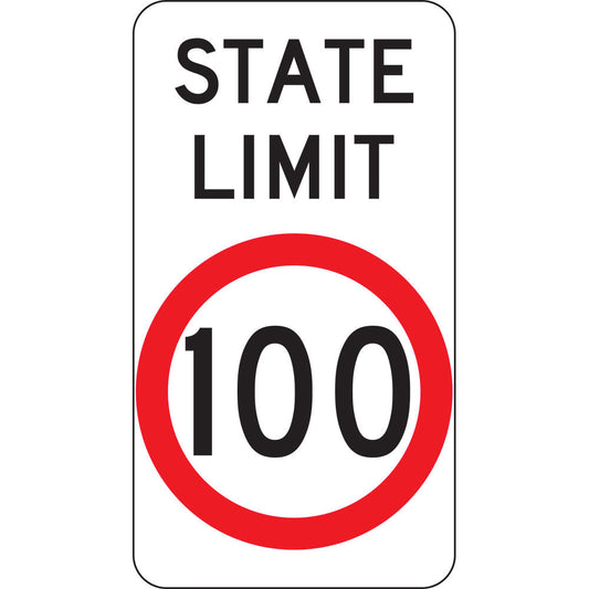 The R4-205n State Limit 100 sign is a rectangular NSW road sign with "STATE LIMIT" above a red-bordered circle showing 100, indicating a speed limit of 100. It features reflective white background, black text, and a red border around the number.