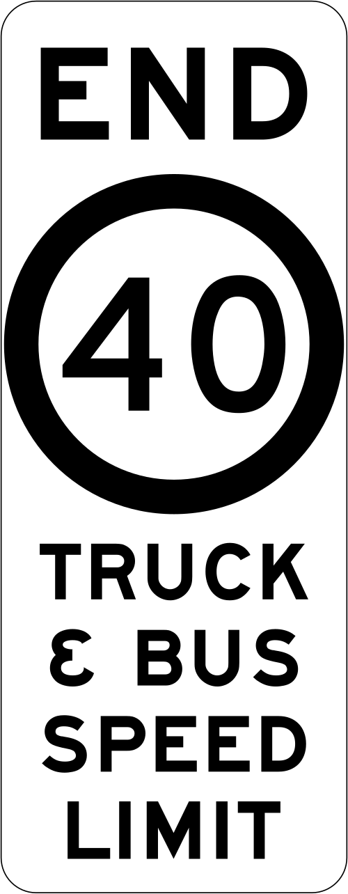 The R4-220n End Truck & Bus Speed Limit is a rectangular Australian Standard sign with a black border and "END 40 TRUCK & BUS SPEED LIMIT" text, used on NSW roads to indicate the end of the 40 km/h zone for trucks and buses. Reflective and regulatory.