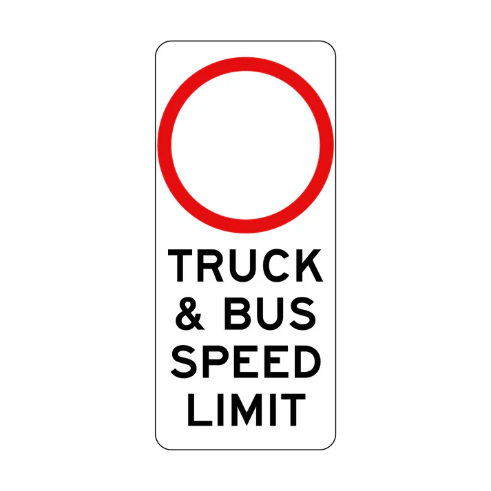 The R4-229n Speed Limit (variable) Truck & Bus Speed Limit sign features a white rectangular background, a large red circle at the top, and "TRUCK & BUS SPEED LIMIT" in bold black capitals, as per Australian Standards.