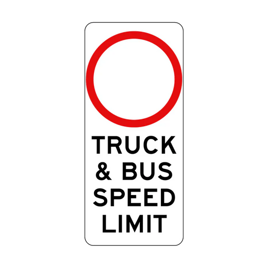 The R4-229n Speed Limit (variable) Truck & Bus Speed Limit sign features a white rectangular background, a large red circle at the top, and "TRUCK & BUS SPEED LIMIT" in bold black capitals, as per Australian Standards.