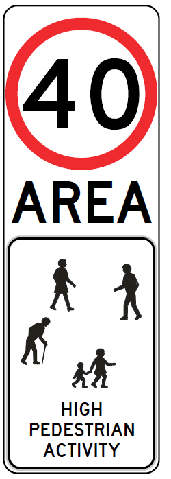 The R4-236-2n High Pedestrian Activity 40 Area sign features a 40 speed limit, “AREA,” and silhouettes of adults, children, and an elderly person, plus the text “HIGH PEDESTRIAN ACTIVITY.”.