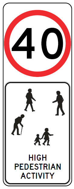 The R4-237-2n High Pedestrian Activity 40 road sign meets Australian Standards, featuring a red circle with 40, silhouettes of children and elderly pedestrians, and the words "HIGH PEDESTRIAN ACTIVITY.