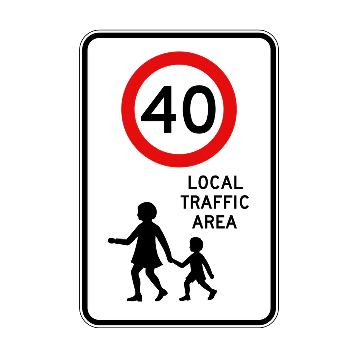 The R4-240n Local Traffic Area (40) sign is rectangular, features a red circle with "40," and below that, displays "LOCAL TRAFFIC AREA" alongside silhouettes of an adult and child holding hands.