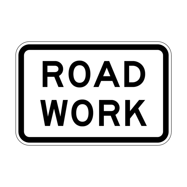 The R4-3 Road Work sign is a rectangular white sign with a black border and bold black "ROAD WORK" text, designed according to Australian Standards for NSW regulatory road signs to improve road safety.