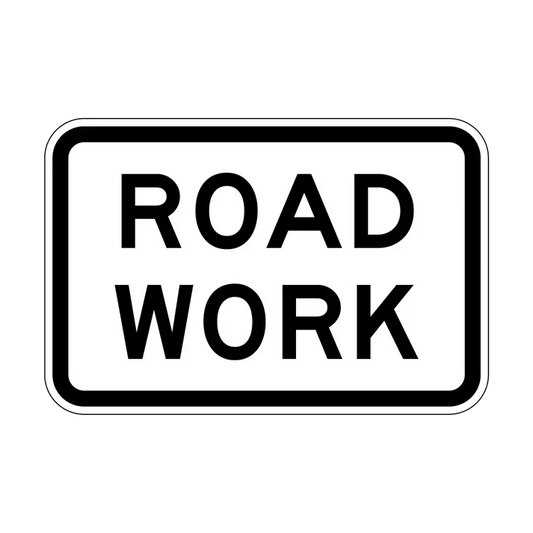 The R4-3 Road Work sign is a rectangular white sign with a black border and bold black "ROAD WORK" text, designed according to Australian Standards for NSW regulatory road signs to improve road safety.