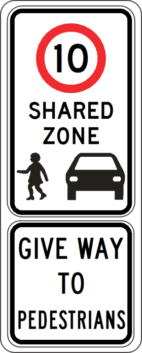 The R4-4-1n Shared Zone Give Way to Pedestrians sign displays "10 Shared Zone," child and car images, and "Give Way to Pedestrians," in accordance with NSW road signs and Australian Standards for regulatory signage.