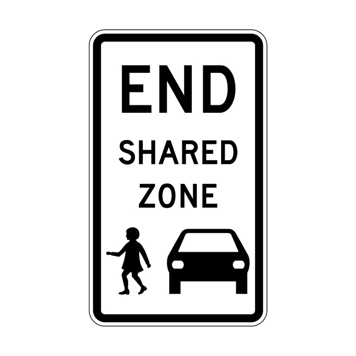 The R4-5 End Shared Zone sign is a rectangular Australian Standards road sign with "END SHARED ZONE" in black and icons of a pedestrian and car below, showing the zone for both is ending.
