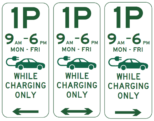 Three R5-1-12n signs display "1P 9AM-6PM MON-FRI" above an electric car symbol and "WHILE CHARGING ONLY." Left and right signs have arrows; center (repeater) sign has no arrow. For electric vehicles charging Mon-Fri.