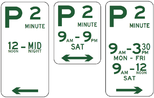 Three R5-12 Parking (2 Minute) signs display various hours and days for 2-minute parking limits, consistent with Australian Standards road signs used throughout NSW.