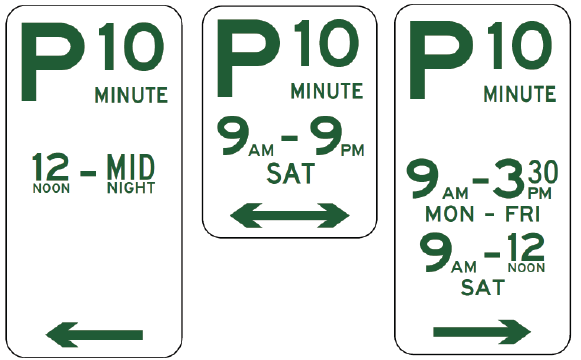 Three R5-14 Parking (10 Minute) signs: Left—10-min parking noon-midnight, left arrow; Middle—10-min parking 9am-9pm Sat, left arrow; Right—Transport for NSW short-term parking Mon-Sat times.