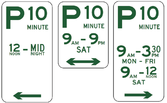 Three R5-14 Parking (10 Minute) signs: Left—10-min parking noon-midnight, left arrow; Middle—10-min parking 9am-9pm Sat, left arrow; Right—Transport for NSW short-term parking Mon-Sat times.