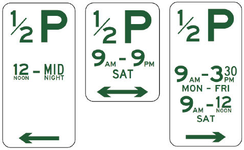 The R5-16 Parking (1/2 Hour) signs feature green and white designs showing 1/2 hour parking with different weekday and Saturday time restrictions, complying with Australian Standards road signs.