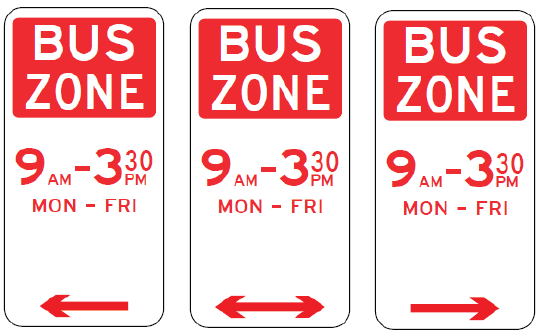 Three R5-20 Bus Zone (with times) rectangular signs show "Bus Zone" in red on white, valid 9 a.m.–3:30 p.m., Mon–Fri. Left and right NSW road signs display arrows pointing in opposite directions.