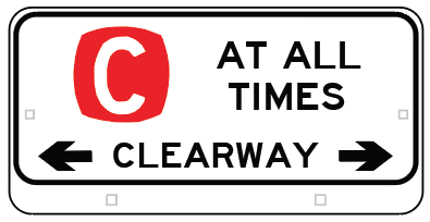 The R5-217-8n Clearway (At All Times) repeater is a NSW regulatory road sign with a red "C," black arrows left and right, and the message "AT ALL TIMES CLEARWAY," indicating no stopping or parking; compliant with Australian Standards.
