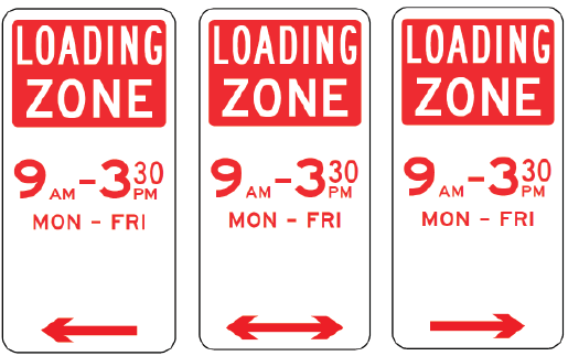 Three R5-23 Loading Zone signs, showing red text on white, indicate loading from 9 AM–3:30 PM Mon–Fri per NSW regulations: one points left, one both ways, and one right.