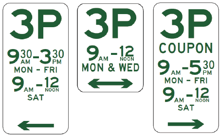 The R5-3 Parking (3 Hours) sign features green text on white, displays 3P limits with weekday and Saturday rules, set hours, and coupon requirements. It follows Australian Standards for road safety.