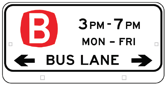 The R5-310-2n Bus Lane (PM) repeater is a rectangular reflective sign with a large red "B" on the left, arrows pointing both directions, indicating a bus lane active 3–7 PM Mon–Fri. It complies with Australian Standards road signs.