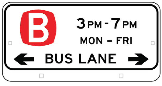 The R5-310-2n Bus Lane (PM) repeater is a rectangular reflective sign with a large red "B" on the left, arrows pointing both directions, indicating a bus lane active 3–7 PM Mon–Fri. It complies with Australian Standards road signs.