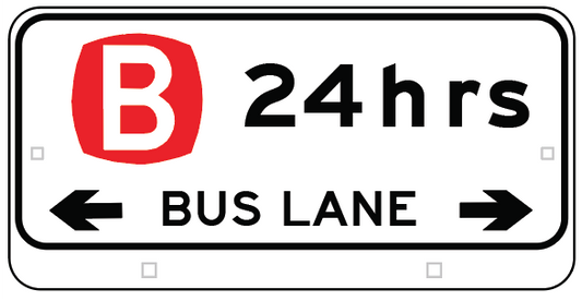 The R5-310-4n Bus Lane (24 Hours) repeater is a rectangular NSW road sign with a red "B," "24 hrs" in black, "BUS LANE" below, arrows pointing both ways, and meets Australian Standards for 24-hour bus lanes.