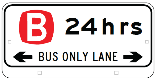 The R5-311-4n Bus Only Lane (24 Hours) repeater sign, meeting NSW standards, displays a red "B," "24 hrs," and "BUS ONLY LANE" with left/right arrows to clearly indicate an all-hours dedicated bus lane.