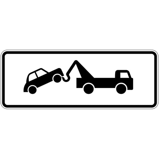 The R5-39 Tow Away sign features a black and white image of a tow truck lifting a car, clearly marking a towing zone as per Australian Standards road signs.