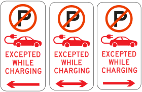 The R5-40-1n sign shows "No Parking" and electric vehicle symbols, with "EXCEPTED WHILE CHARGING." The third version includes arrows pointing left and right, typical of NSW repeater road signs.