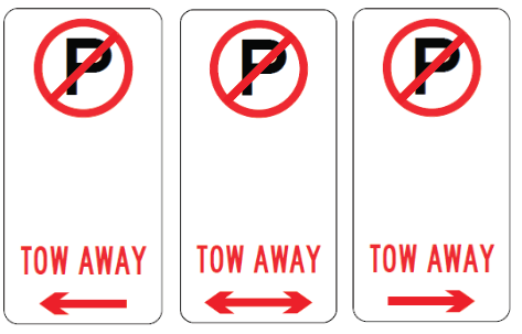 Three R5-40-3n No Parking (symbolic) Tow Away signs in narrow format show a black "P" crossed by a red circle, "Tow Away" in red. The left and right signs have outward arrows; the center has arrows both ways, compliant with NSW regulations.