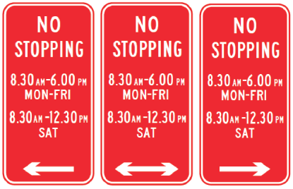 Three R5-402n No Stopping (with times) red Australian Standards road signs display "No Stopping 8:30am-6:00pm Mon-Fri, 8:30am-12:30pm Sat" with arrows pointing left, both directions, and right, from left to right.