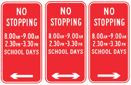 Three R5-404n No Stopping 8–9AM 2.30–3.30PM School Days signs, each in red and white with reflective finish, display left, two-way, and right arrows at the bottom for clear regulatory direction.