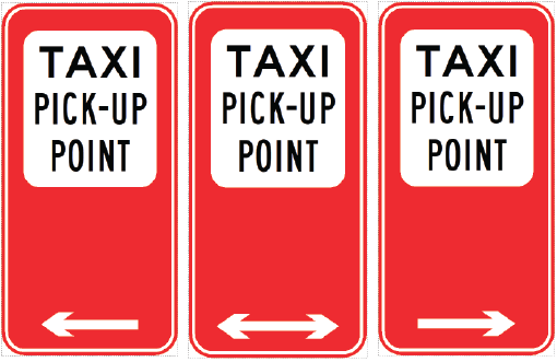 Three red rectangular R5-406n Taxi Pick-Up Point signs feature reflective surfaces for visibility: one with a left arrow, one with arrows both ways, and one with a right arrow. All are NSW regulatory road signs.