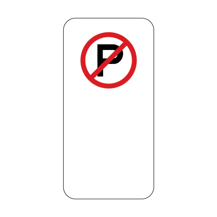 The R5-40 No Parking (at any time) sign is a rectangular regulatory road sign with a black "P" inside a red circle and diagonal line on a white background, used in accordance with Australian Standards.