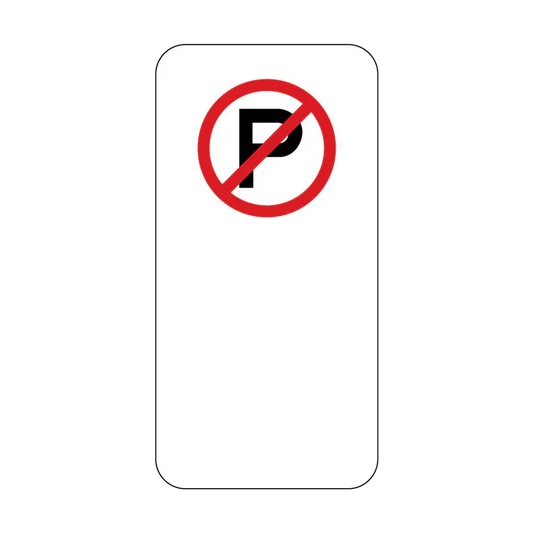 The R5-40 No Parking (at any time) sign is a rectangular regulatory road sign with a black "P" inside a red circle and diagonal line on a white background, used in accordance with Australian Standards.