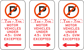 Three R5-41-3n No Parking signs for motor vehicles under 4.5t (excepted) show 7 a.m.–7 p.m. limits; the first and third use reflective left and right arrows, while the middle sign lacks an arrow.