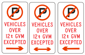 Three R5-41-6n signs display "No Parking. Vehicles Over 12(t) GVM Excepted" with a left arrow, indicating only vehicles over 12 tonnes GVM may park to the left, per Australian Standards.