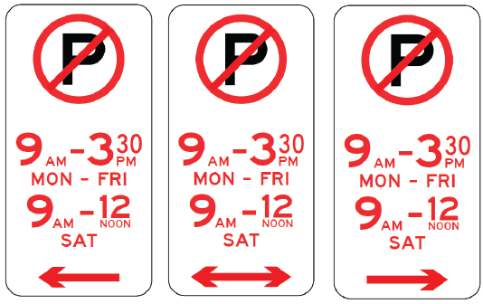 Three R5-41 No Parking (Symbolic) signs display times: Mon–Fri 9 a.m.–3:30 p.m., Sat 9 a.m.–12 noon. Signs point left, both directions, and right. All meet Australian Standards for road signs.