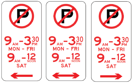 Three R5-41 No Parking (Symbolic) signs display times: Mon–Fri 9 a.m.–3:30 p.m., Sat 9 a.m.–12 noon. Signs point left, both directions, and right. All meet Australian Standards for road signs.