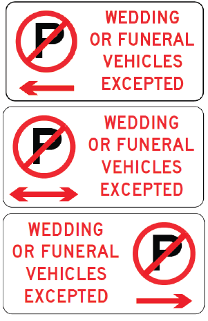 The R5-446n signs display the no parking symbol with "WEDDING OR FUNERAL VEHICLES EXCEPTED," featuring left, left-right, and right arrows. All text and symbols are red on a white background, as per NSW regulatory standards.