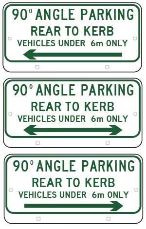 Three R5-500n signs, labeled "Angle Parking (Rear to Curb) (Vehicles Under 6m Only)," display green dual-direction arrows (L, LR & R types), each featuring slight arrow style variations per Australian Standards.