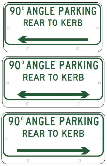 Three rectangular Australian R5-505n signs state "Angle Parking (Rear to Curb)." Each reflective sign displays an L, LR, or R arrow to indicate left, both directions, or right.