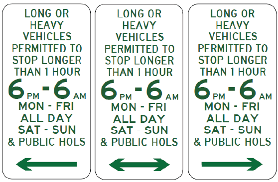 Three R5-551n signs, compliant with Australian Standards, show long or heavy vehicles may stop over 1 hour from 6 PM–6 AM weekdays and all day weekends; includes left and right arrows.