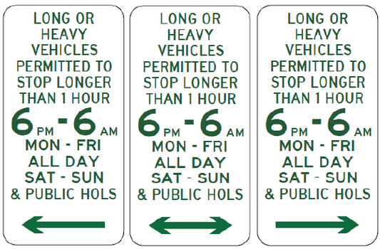 Three R5-551n signs, compliant with Australian Standards, show long or heavy vehicles may stop over 1 hour from 6 PM–6 AM weekdays and all day weekends; includes left and right arrows.
