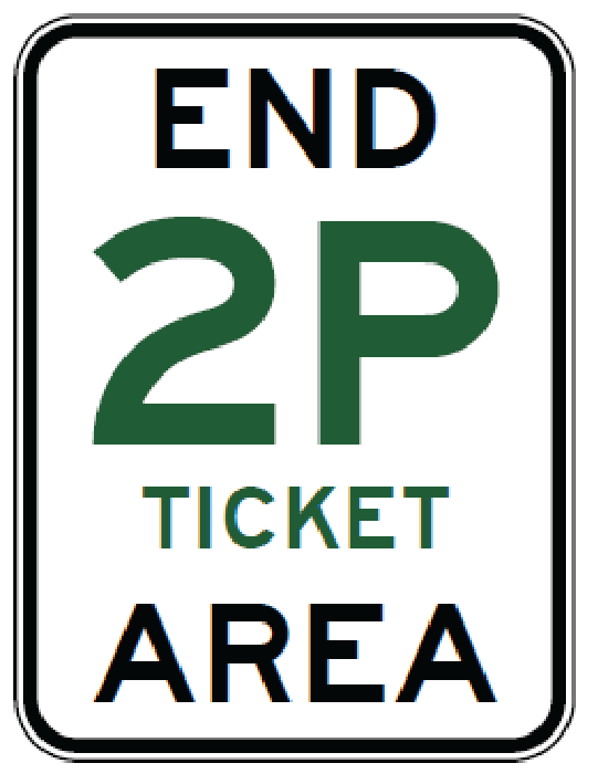 The R5-63-3n - End _p Ticket Area Parking sign is a rectangular regulatory NSW road sign with "END 2P TICKET AREA" in black and green, marking the end of a two-hour paid parking zone as per Australian Standards.
