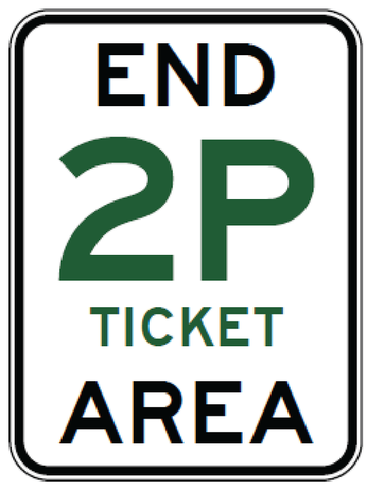 The R5-63-3n - End _p Ticket Area Parking sign is a rectangular regulatory NSW road sign with "END 2P TICKET AREA" in black and green, marking the end of a two-hour paid parking zone as per Australian Standards.
