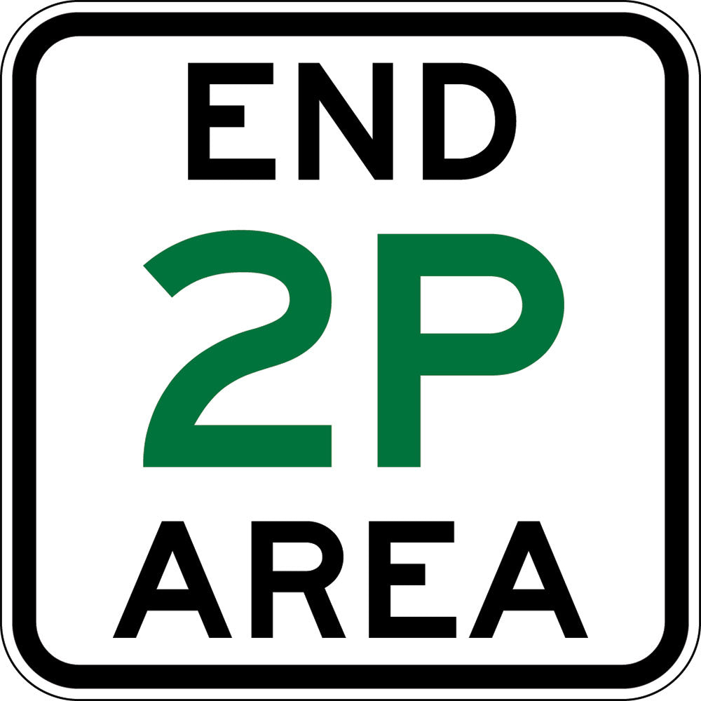 The R5-63 - Area Parking End sign is a rectangular, reflective regulatory road sign with a white background, black border, and "END 2P AREA" in black and green text, indicating the end of a two-hour parking zone per Australian Standards.