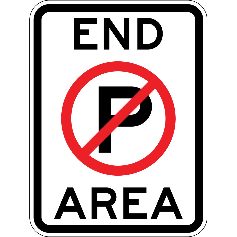 The R5-83 End No Parking (Symbolic) Area sign is a rectangular Australian Standard road sign with "END AREA" in black and a large crossed-out "P," indicating the end of a no parking zone.